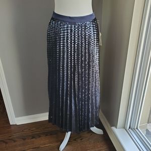 Anthropologie Navy Metallic Pleated Midi Skirt